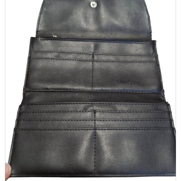Roots Wallet Black Leather Tri Fold Clutch Pebbled Snap Wallet zip Coin Pouch - Picture 3 of 5